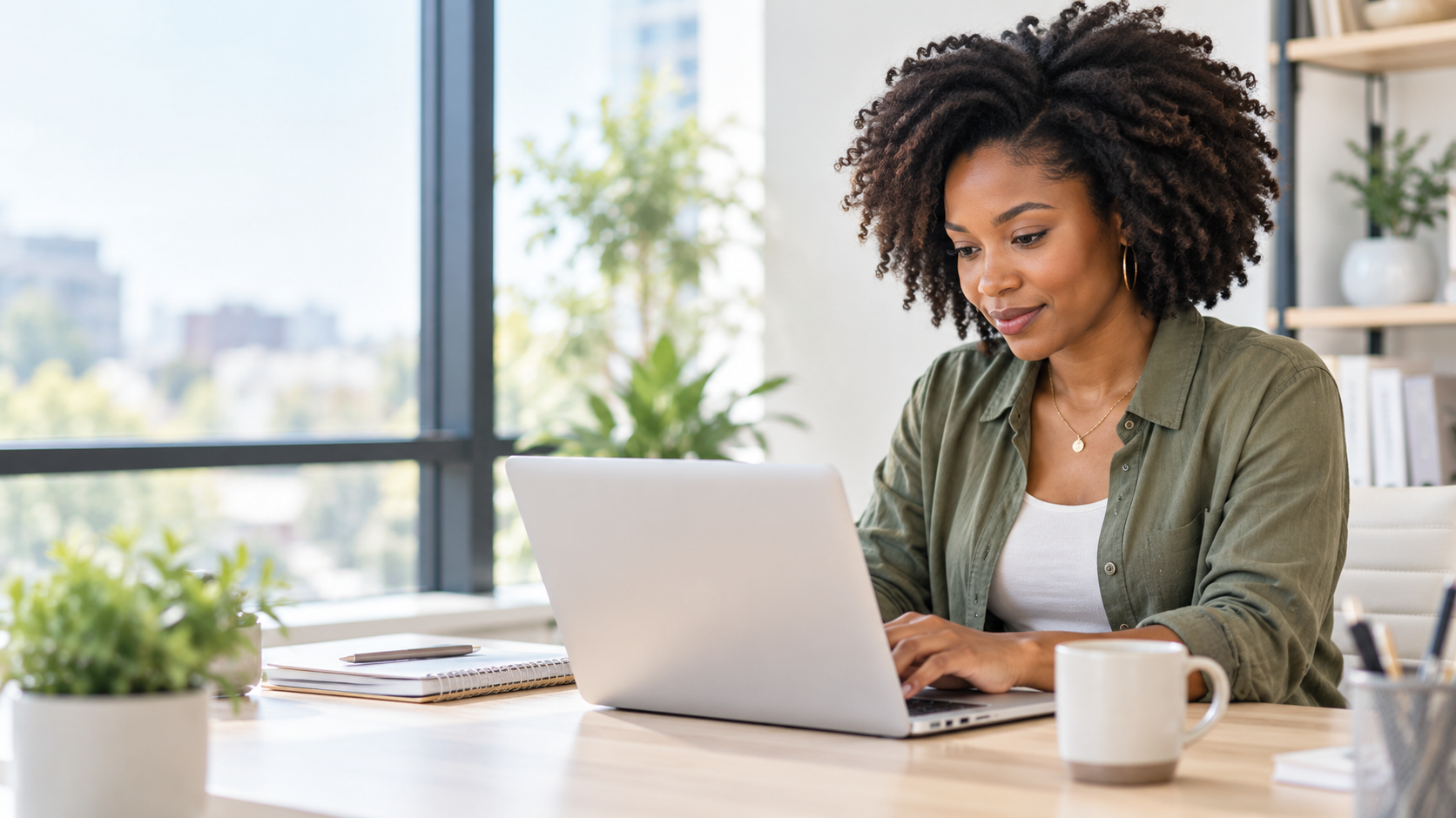 Woman smiling while working on a laptop during a virtual therapy session