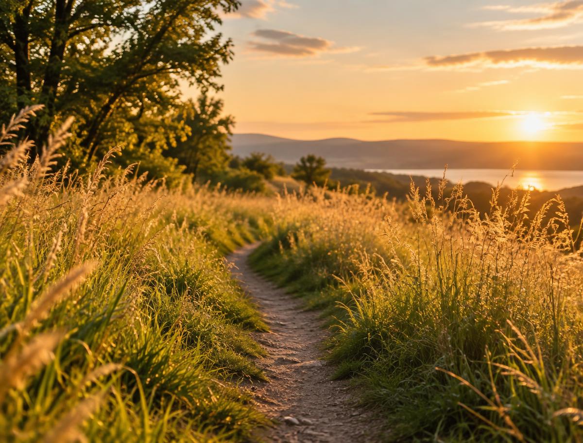 A sunlit path through tall grass at golden hour